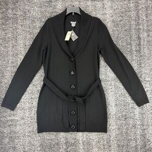 NEW Ann Taylor Merino Wool Blend Cardigan Women's Small Black Belted Long Sleeve